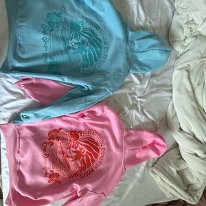 Blue and pink pink palm puff hoodies